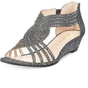 YDN Wedge Glitter Sandals Open Toe Rhinestones Cross Over Straps Mid Heels Shoe